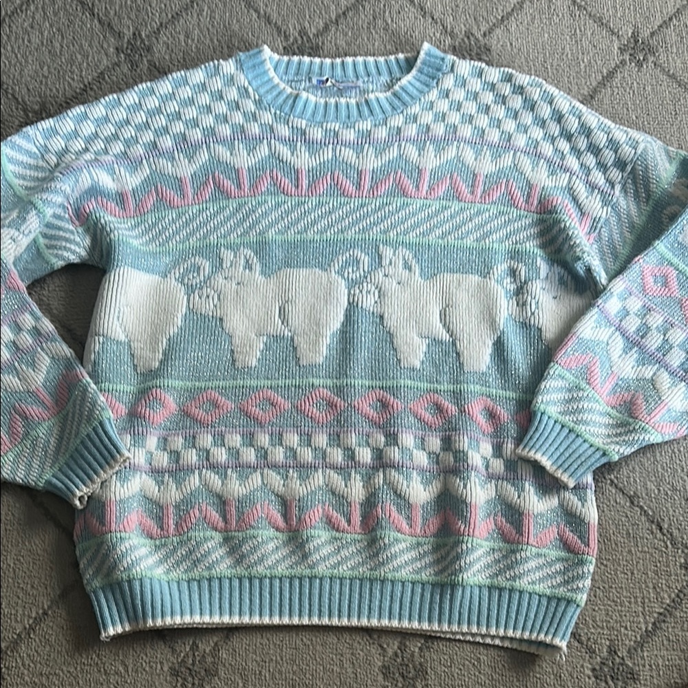 Vintage Rose Pastel Pig Patterned Crew Neck Sweater